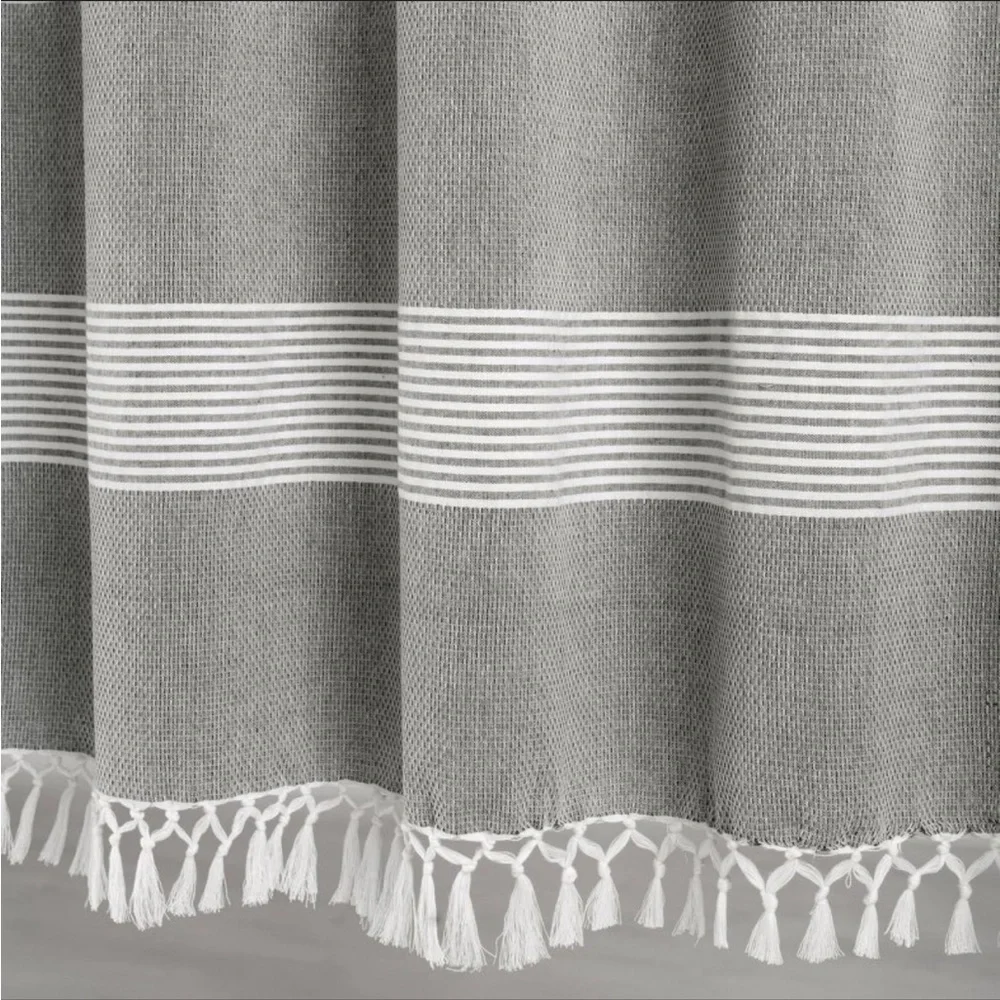 NWT Tucker Stripe Yarn Dyed Cotton Tassel Shower Curtain Gray/White - Lush Décor